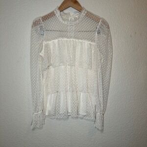 Jolie & Joy Womens Large Top Polka Dot Sheer Tiered Layer Long Sleeve Festival